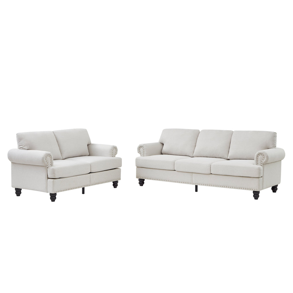Modern Classic Design with Nails Living Room 2+3 seater Sofa Fabric Couch,Upholstered Polyester Beige.