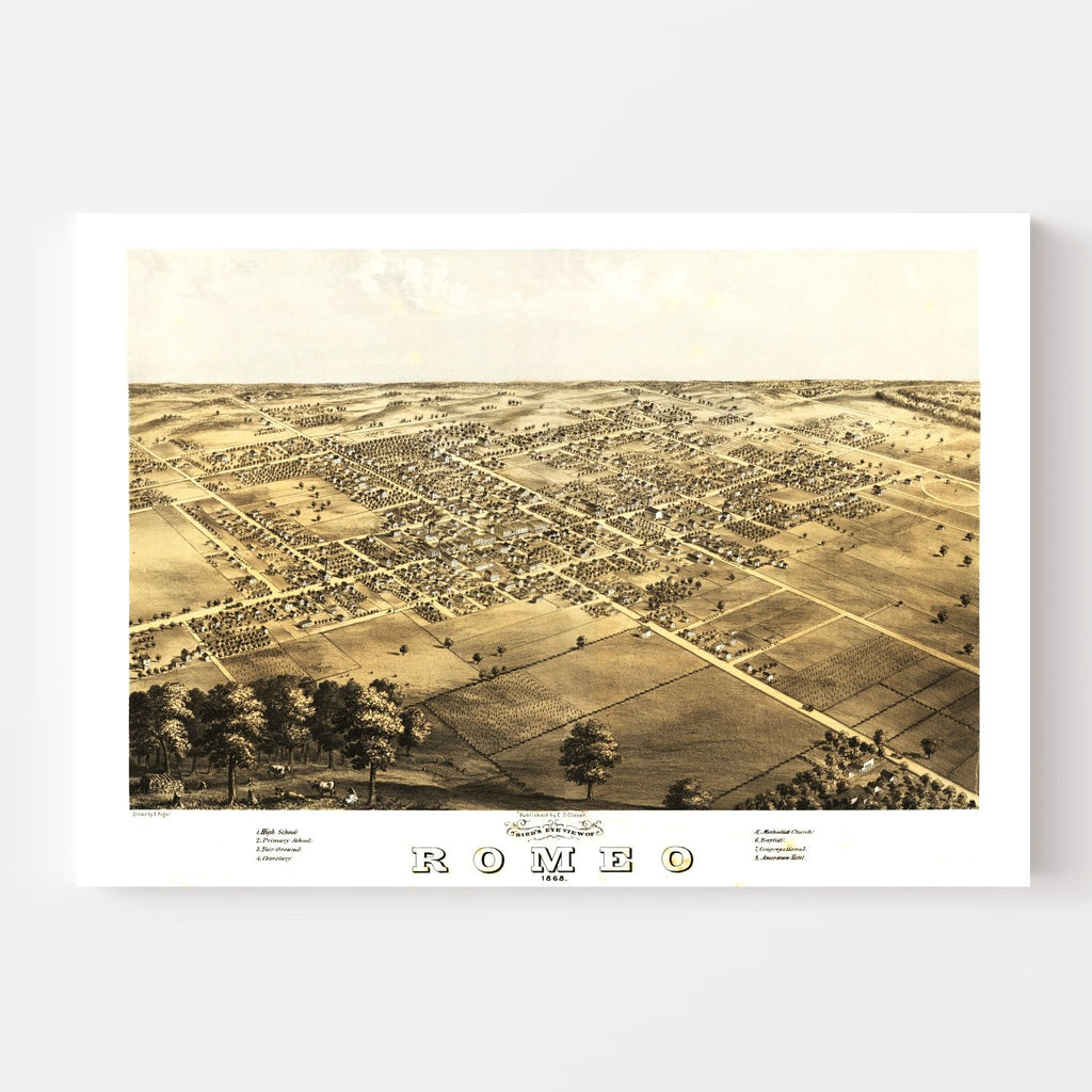 Vintage Map of Romeo, Michigan 1868