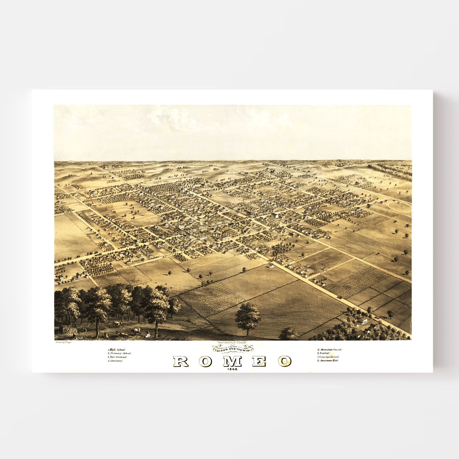 Vintage Map of Romeo, Michigan 1868