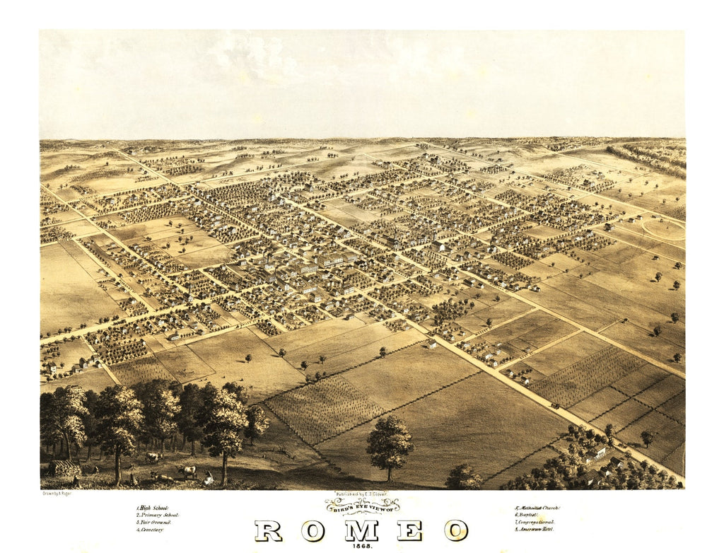 Vintage Map of Romeo, Michigan 1868