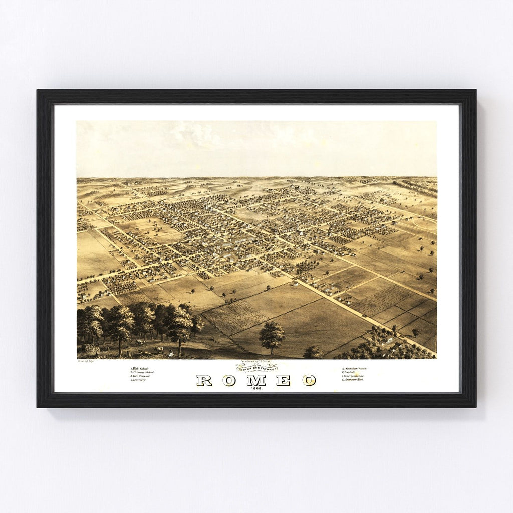 Vintage Map of Romeo, Michigan 1868