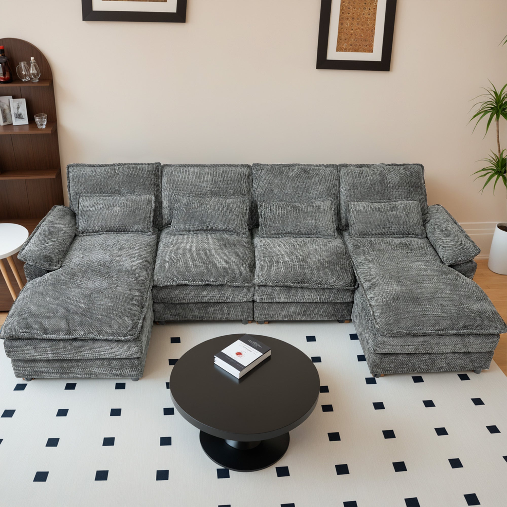 110' Modular Sectional Sofa Cloud Couch with Double Chaise Lounge , U Shaped Chenille Upholstered Leisure Sofa&Couches with Memory Foam and Waist Pillows for Living Room Office,Grey.