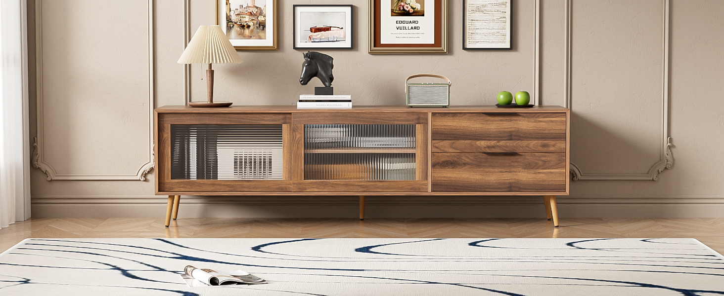 Modern TV Stand for 75'+ TV, TV Console with 2 Glass Doors, Entertainment Center with 2 Drawers & Storage Cabinet, 70' Media Console Table for Living Room, Bedroom