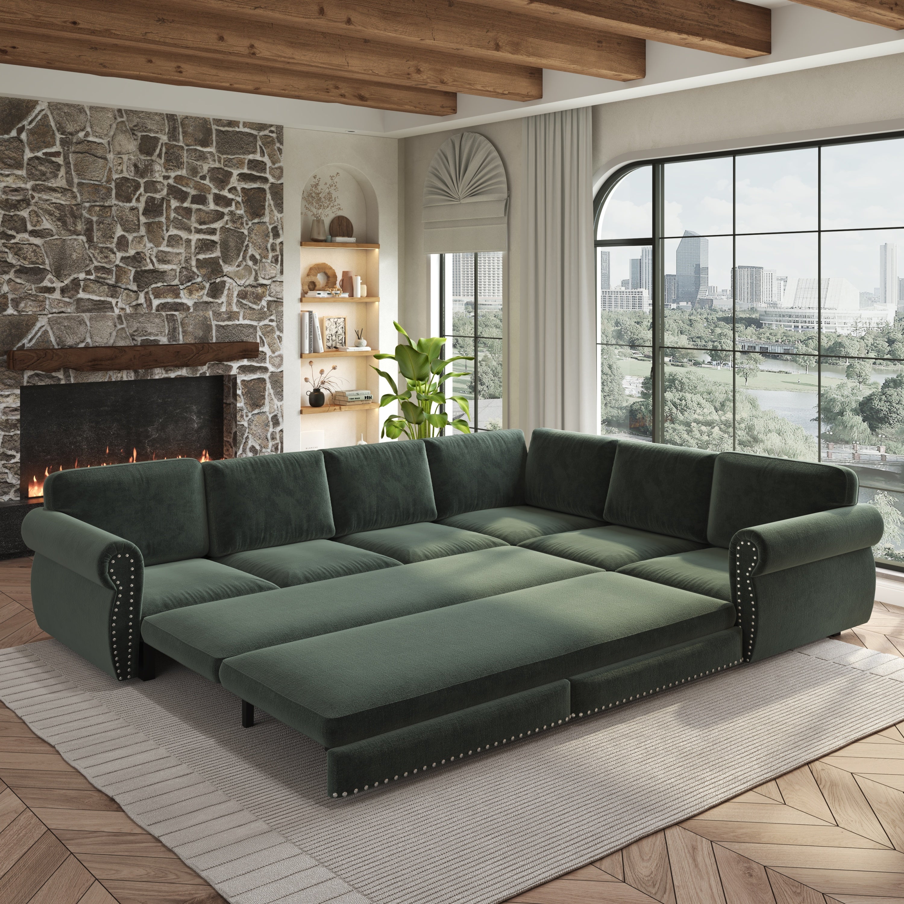 118 ' L-Shaped Sofa Couch with Pull-Out Bed, Oversize Convertible Sleeper Sofa with Nailhead Trim & Rolled Arm, Chenille Upholstered Sectional Couches, for Living Room, Apartment, Office, Green