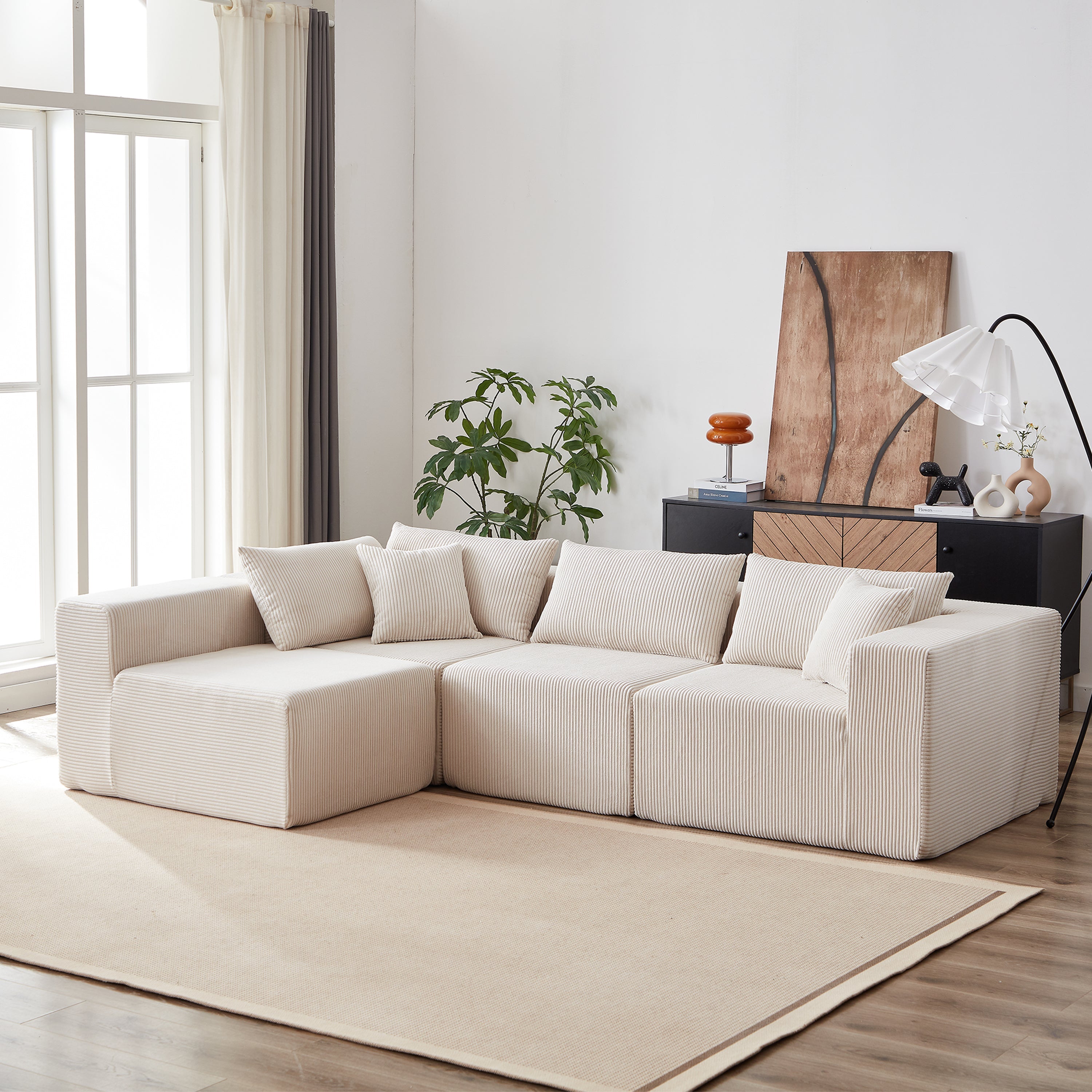 104-Inch Corduroy Modular L Shaped Sectional Sofa,Luxury Floor Couch Set,Upholstered Indoor Furniture,Foam-Filled Compressed Sofa for Living Room,Bedroom,4 PC Free Combination