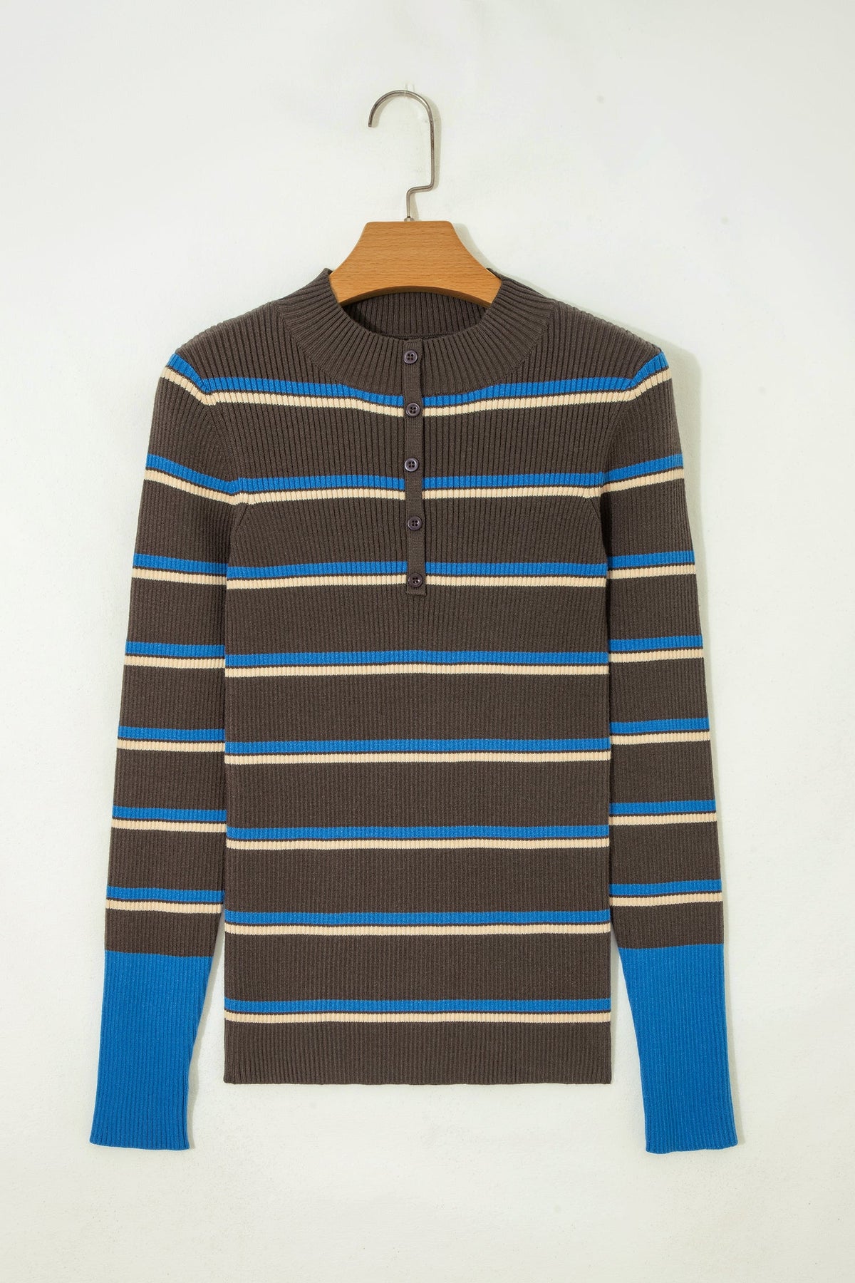 Stripe Ribbed Knit Half Buttoned Sweater