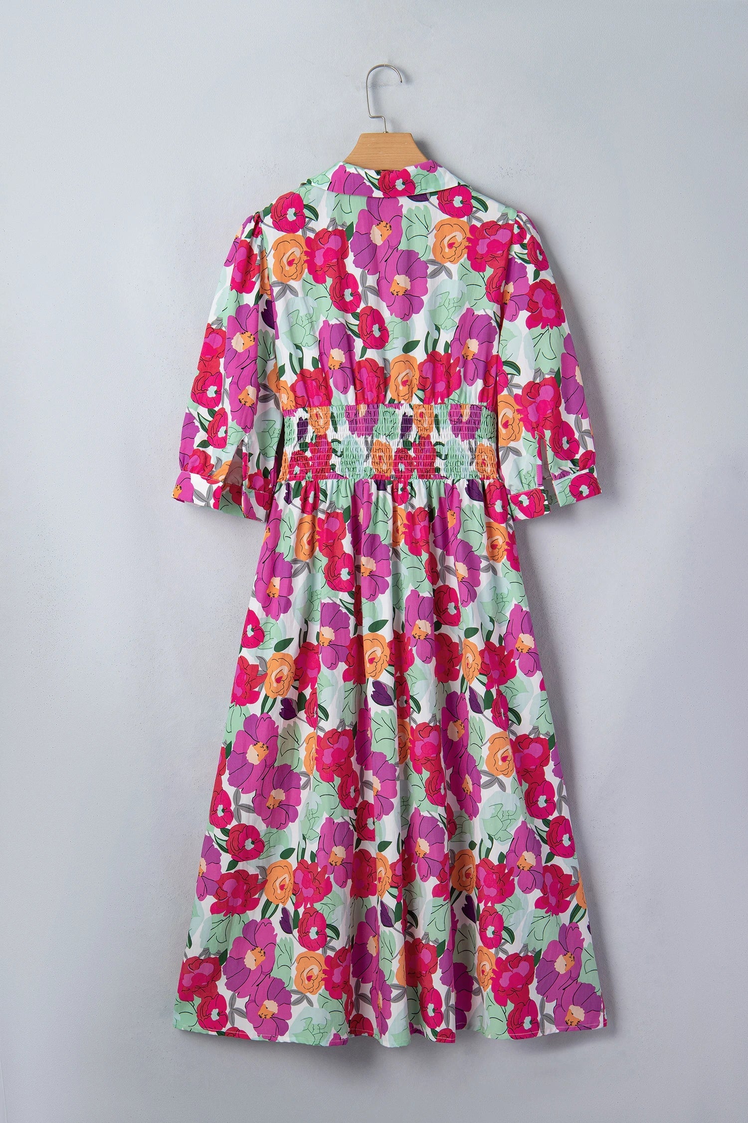 Floral Zip-Up V-Neck Short Puff Sleeve Dress