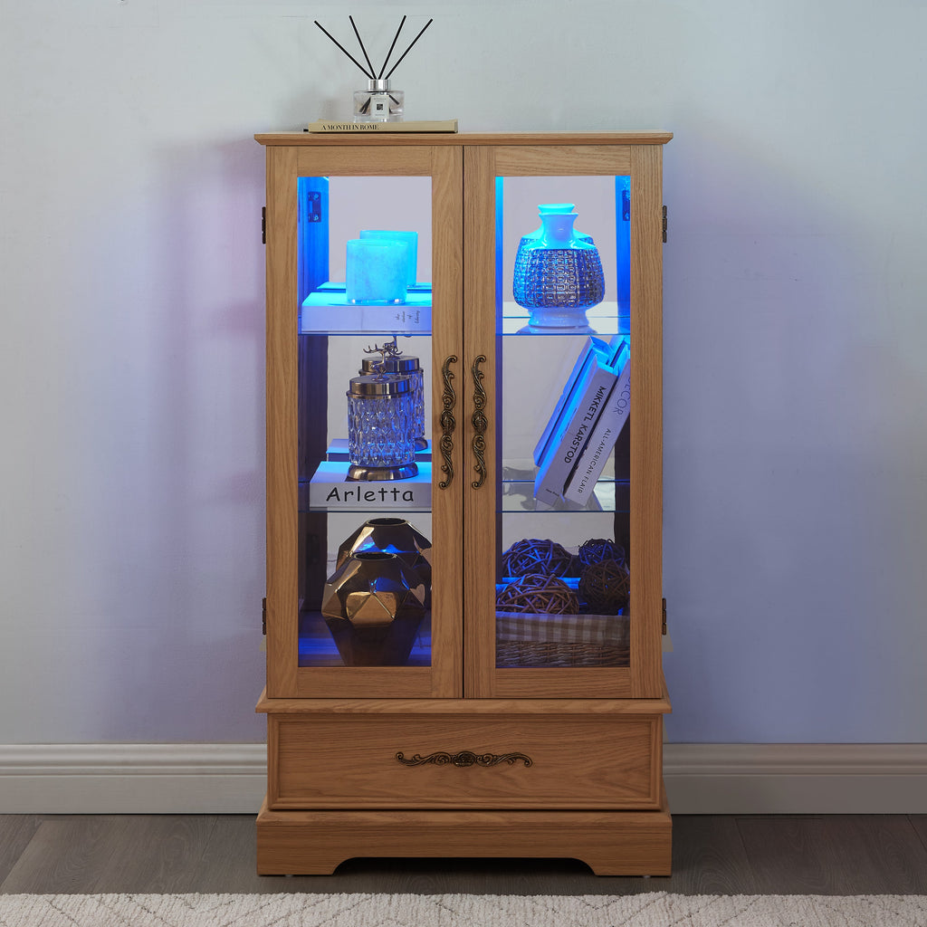 Lighted Glass Curio Display Cabinet with Adjustable Shelves - 2 Doors, 1 Drawer, LED Lights, Elegant Light Oak Finish