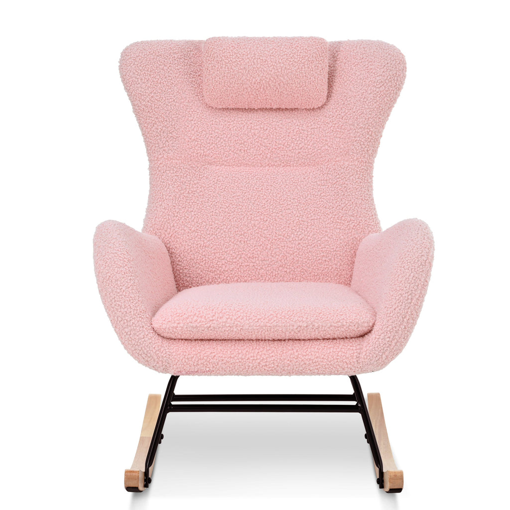 Rocking Chair Nursery, Teddy Upholstered Rocker Glider Chair with High Backrest, Adjustable Headrest & Pocket, Comfy Glider Chair for Nursery, Bedroom, Living Room, Offices, Rubber wood, pink