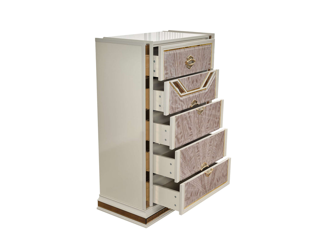 Omari Modern Style 5 Pc King Upholstered Bedroom Set Made with Wood and Gold Accents in Beige (CA Inventory)