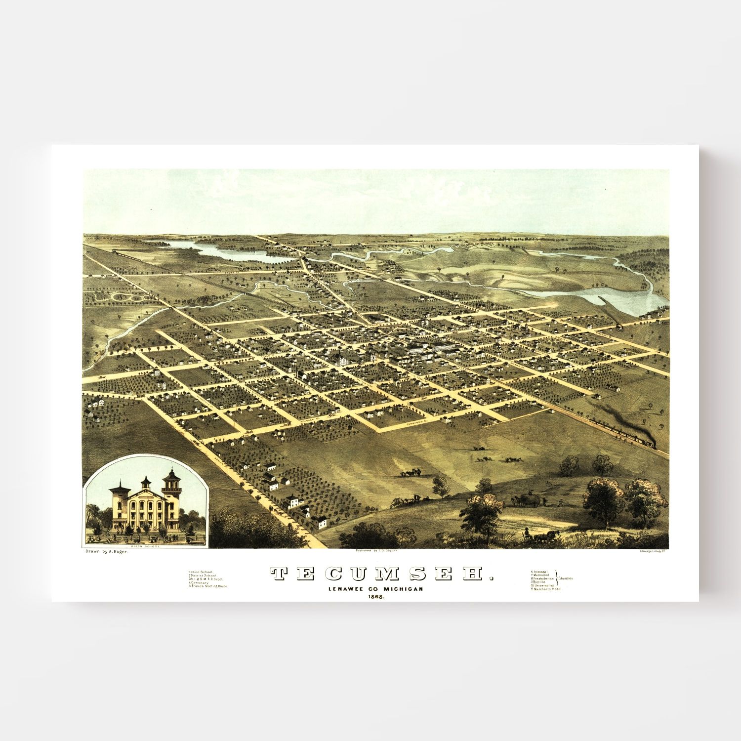 Vintage Map of Tecumseh, Michigan 1868