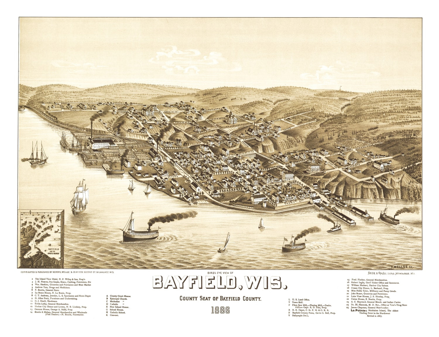 Vintage Map of Bayfield, Wisconsin 1886