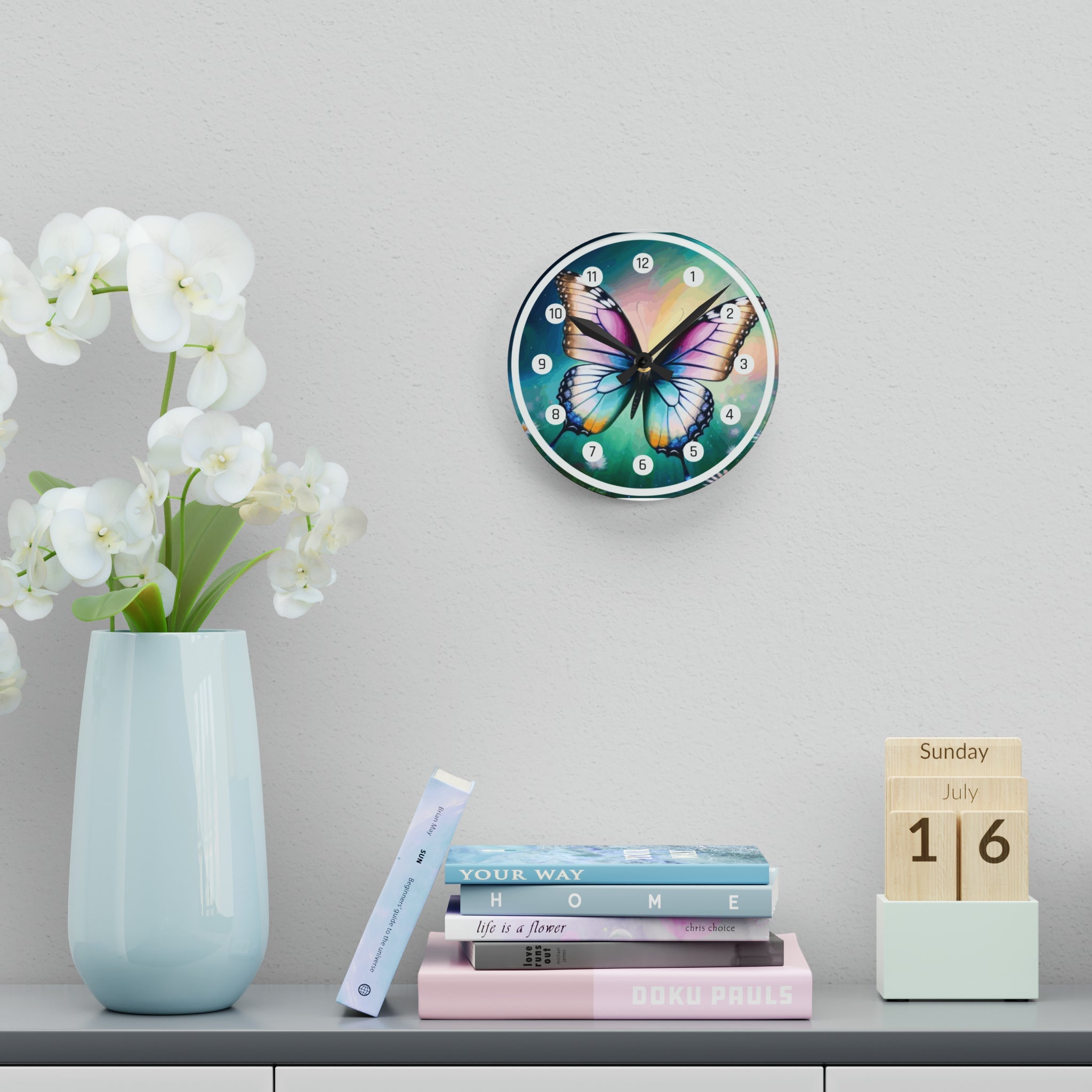 Beautiful Butterfly and Daisies Acrylic Wall Clock