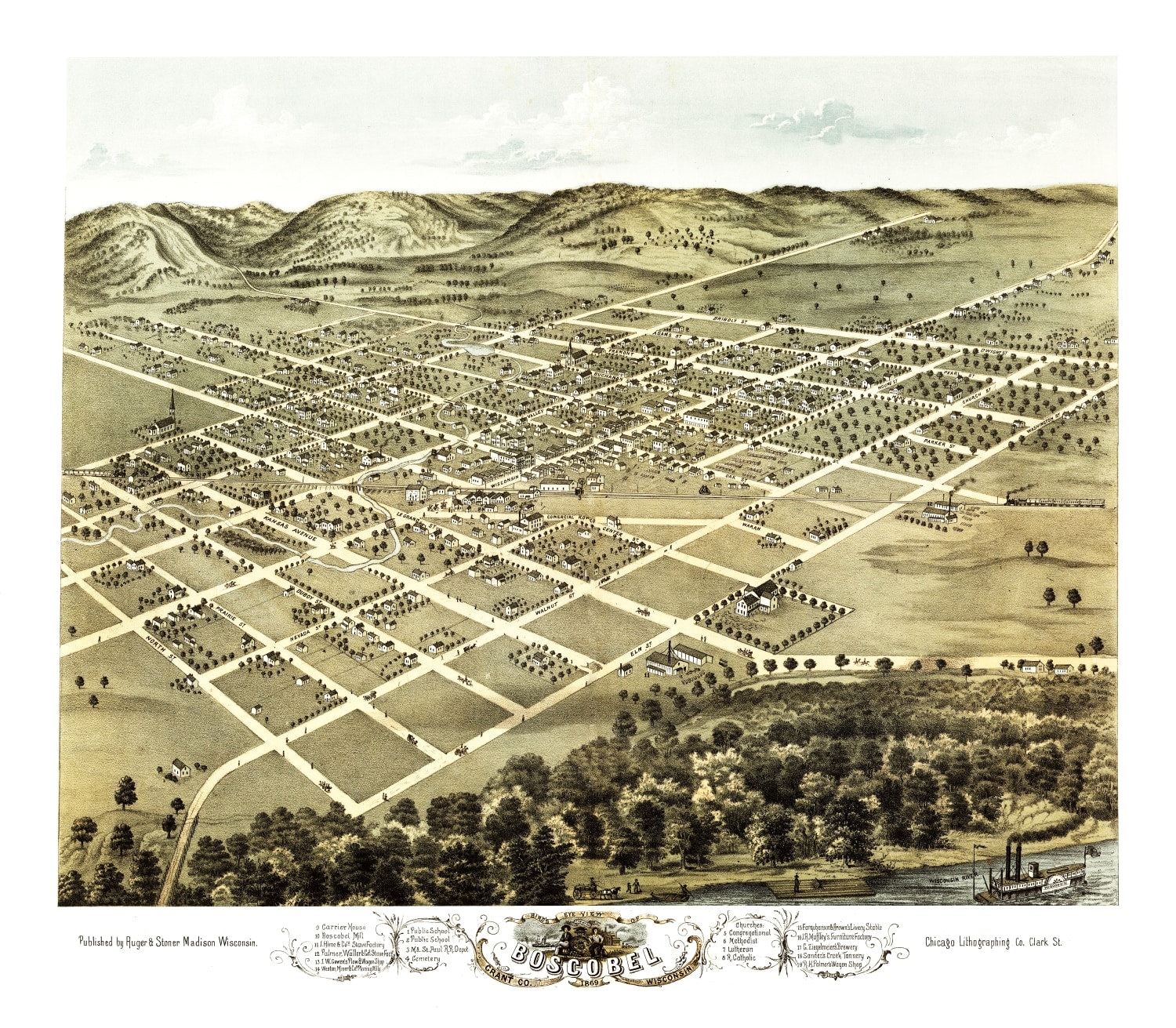 Vintage Map of Boscobel, Wisconsin 1869
