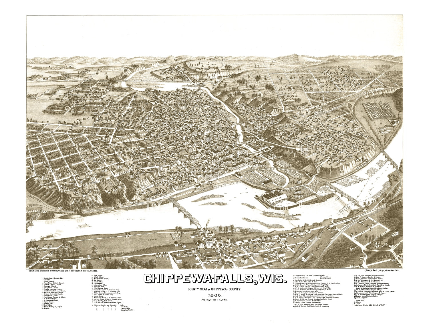 Vintage Map of Chippewa Falls, Wisconsin 1886