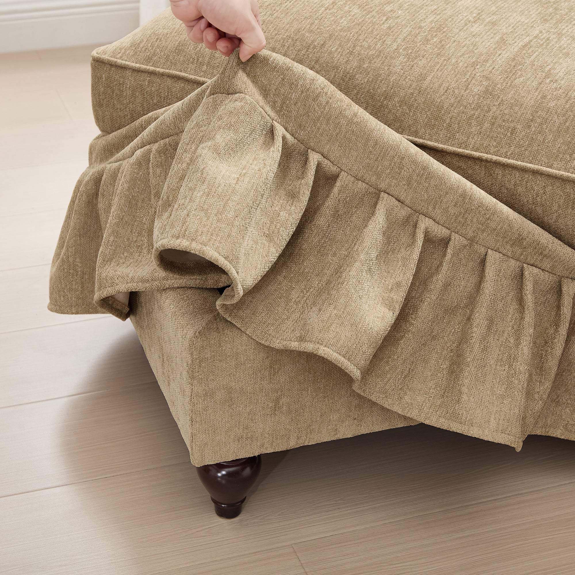 Classic Comfy Modular U Shape Sectional Sofa Couch with Flared Arms and Removable Ruffles Pleats Skirts and Spindle Legs, Upholstered Chenille Deep Seat Cloud Sofa with Movable Ottomans, Light Coffee