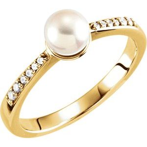 14K Yellow Gold Cultured White Freshwater Pearl & .06 CTW Natural Diamond Ring