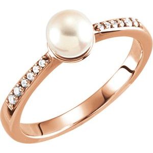 14K Rose Gold Cultured White Freshwater Pearl & .06 CTW Natural Diamond Ring