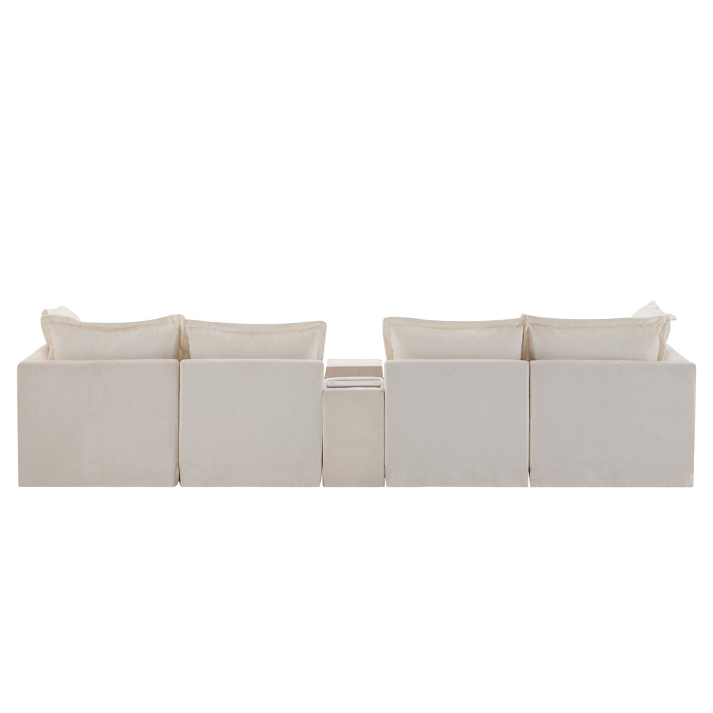 [VIDEO+NEW]131'' Modular Sectional Sofa with Movable Ottoman and Console,Cup Holder,Wide Seat,6 Seat U Shaped Couch,Oversized Chenille Sofa with USB Charger for Living Room,Apartment,2 Colors