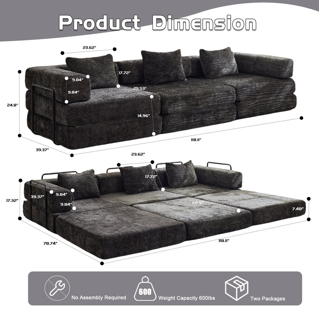 Compression Sofa,Convertible Floor Sofa Bed with Fixed-Shape Frame, Boneless Modular Sectional Sofa,No Assembly Required,Chenille fabric,for Living Room Bedroom,Black