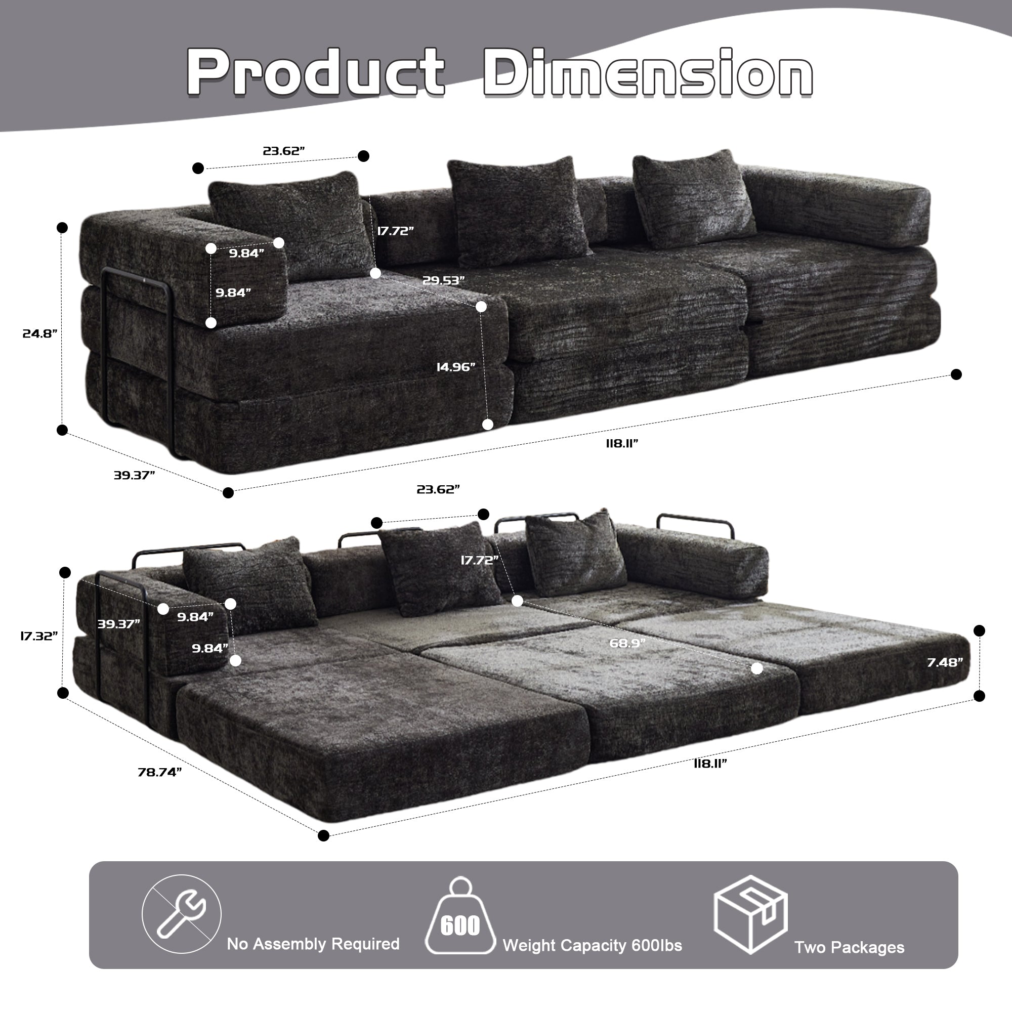 Compression Sofa,Convertible Floor Sofa Bed with Fixed-Shape Frame, Boneless Modular Sectional Sofa,No Assembly Required,Chenille fabric,for Living Room Bedroom,Black