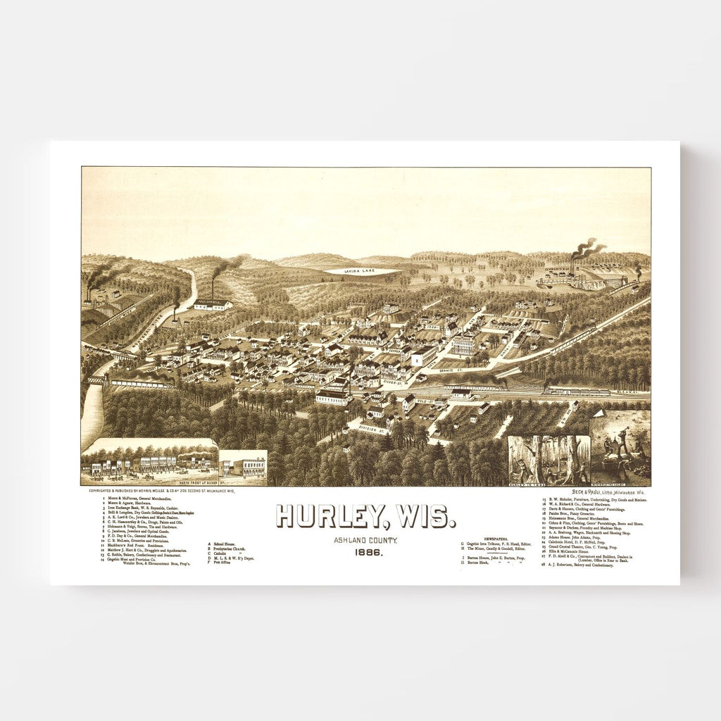 Vintage Map of Hurley, Wisconsin 1886