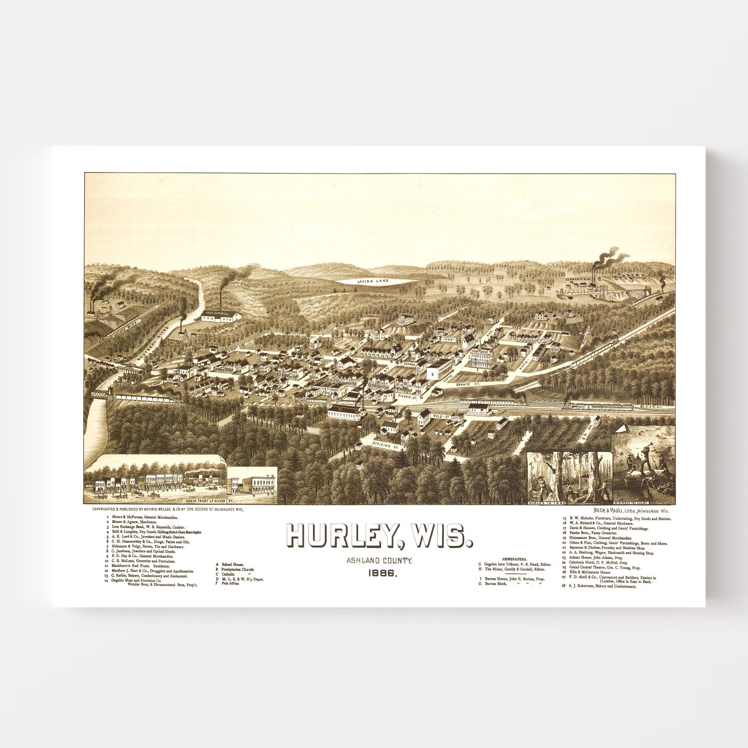 Vintage Map of Hurley, Wisconsin 1886