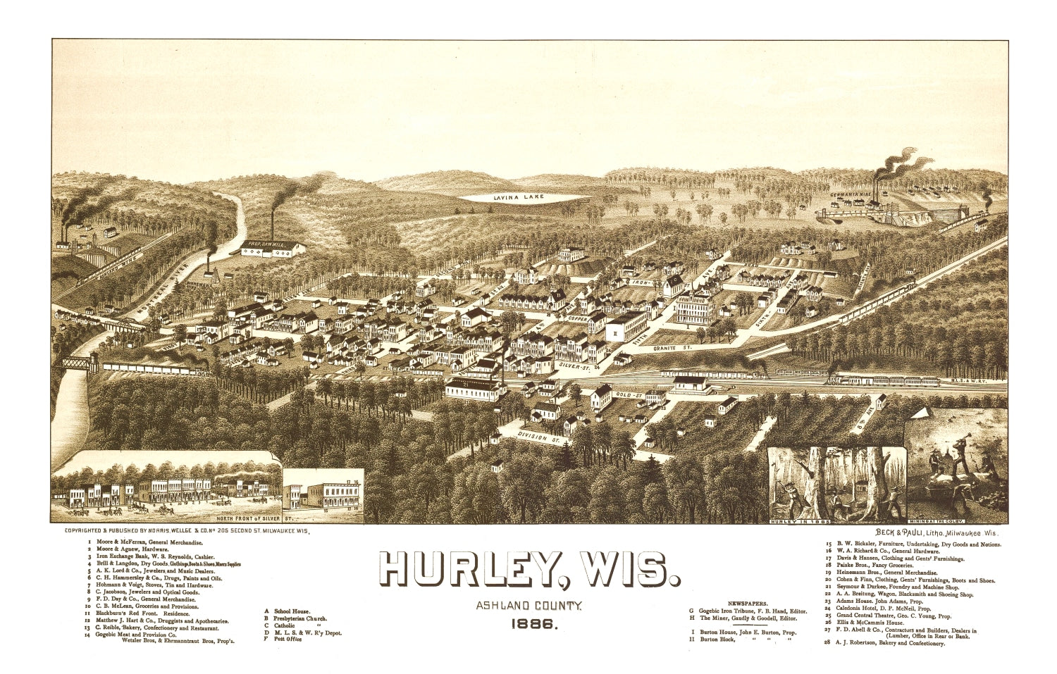 Vintage Map of Hurley, Wisconsin 1886