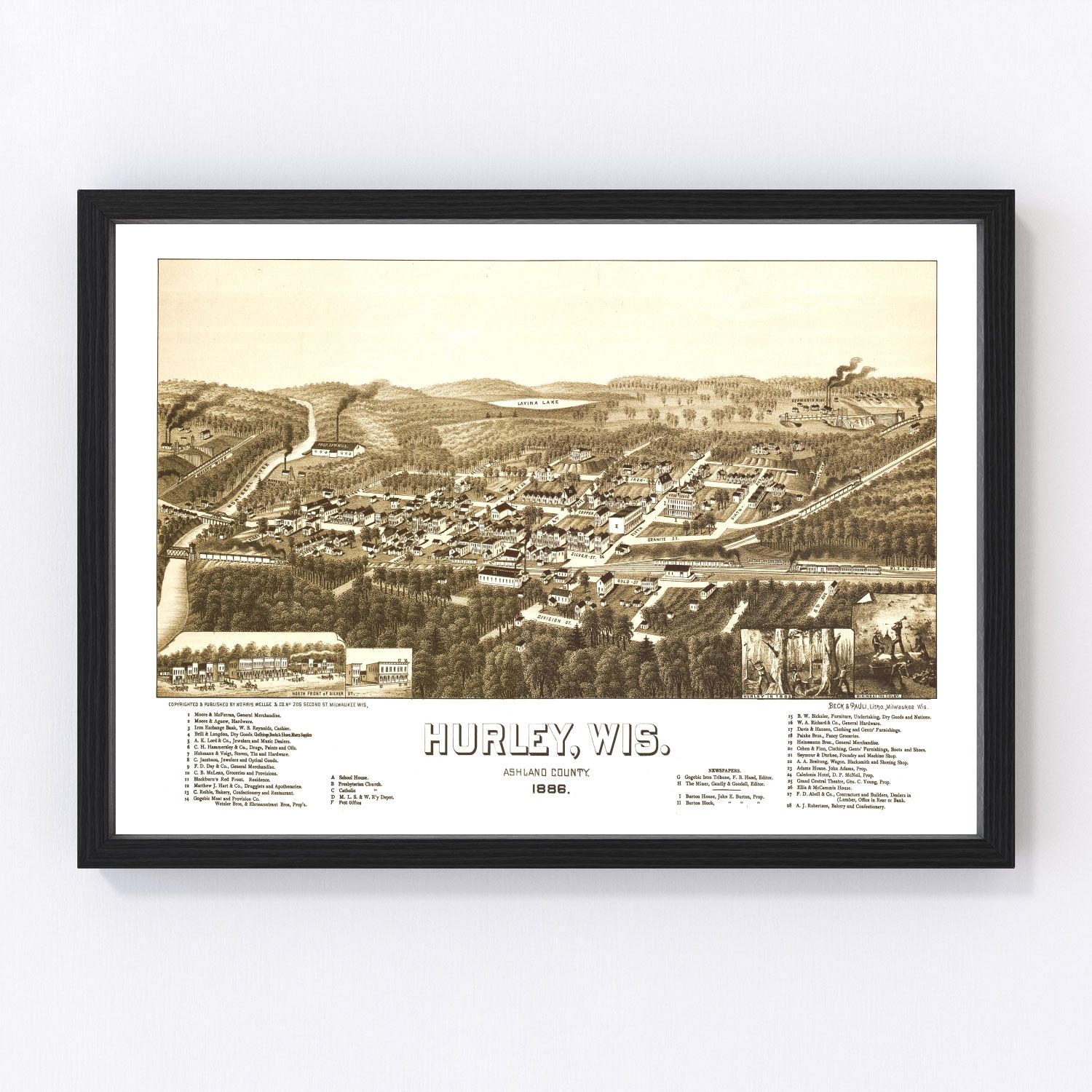 Vintage Map of Hurley, Wisconsin 1886