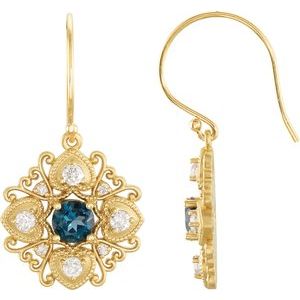 14K Yellow Gold Natural London Blue Topaz & 1/2 CTW Natural Diamond Earrings