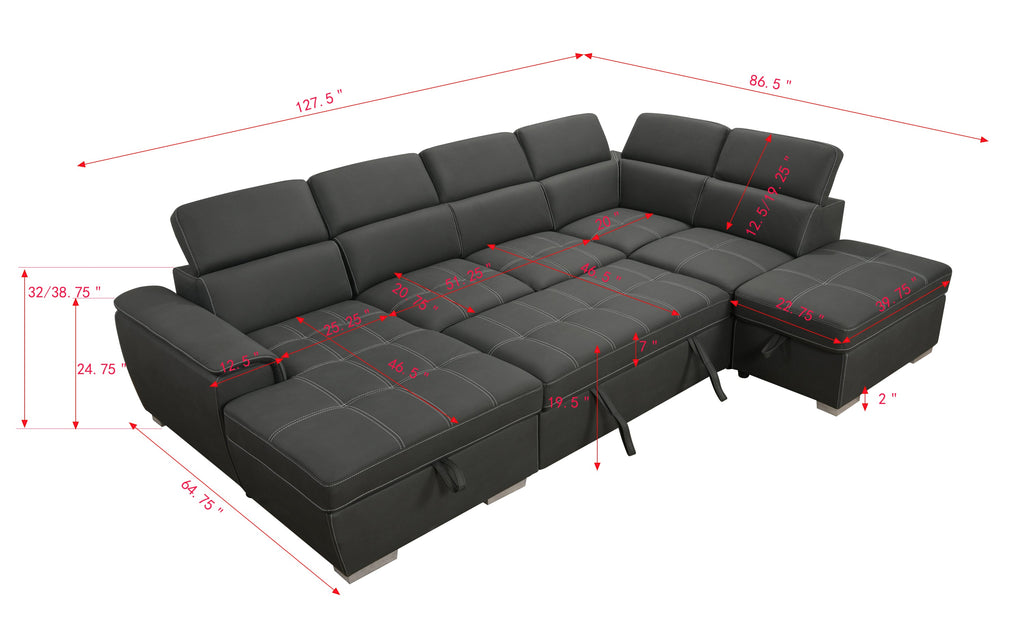 128'Sofa U Shaped Sectional Couch with Ottomans Reversible Modular Sofa 7 Seater Couch with Storage Seat,Living Room Furniture Sofa Sets with Adjustable Headrest, Grey