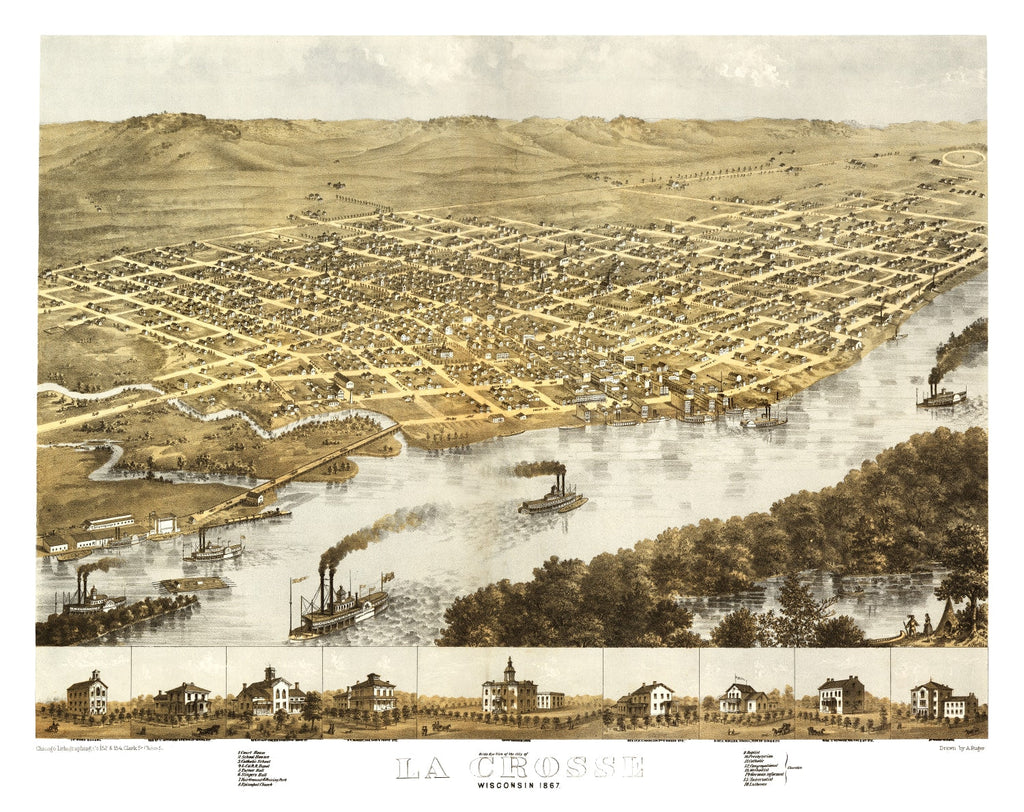 Vintage Map of La Crosse, Wisconsin 1867