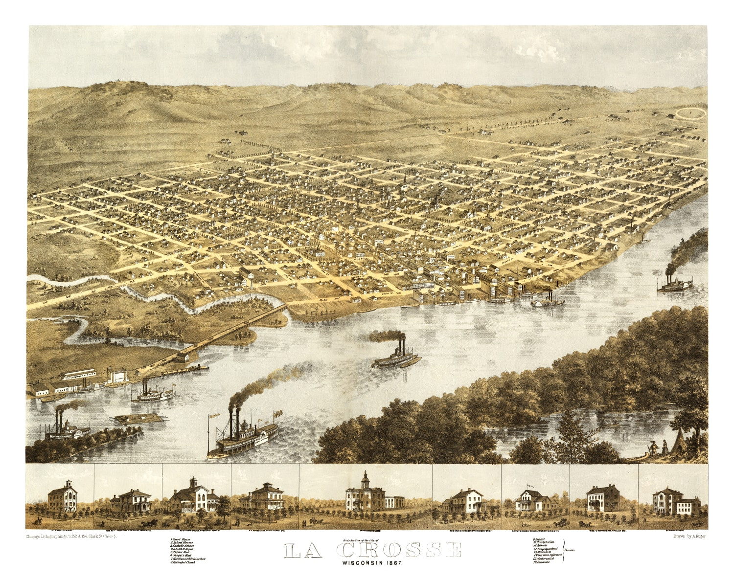 Vintage Map of La Crosse, Wisconsin 1867