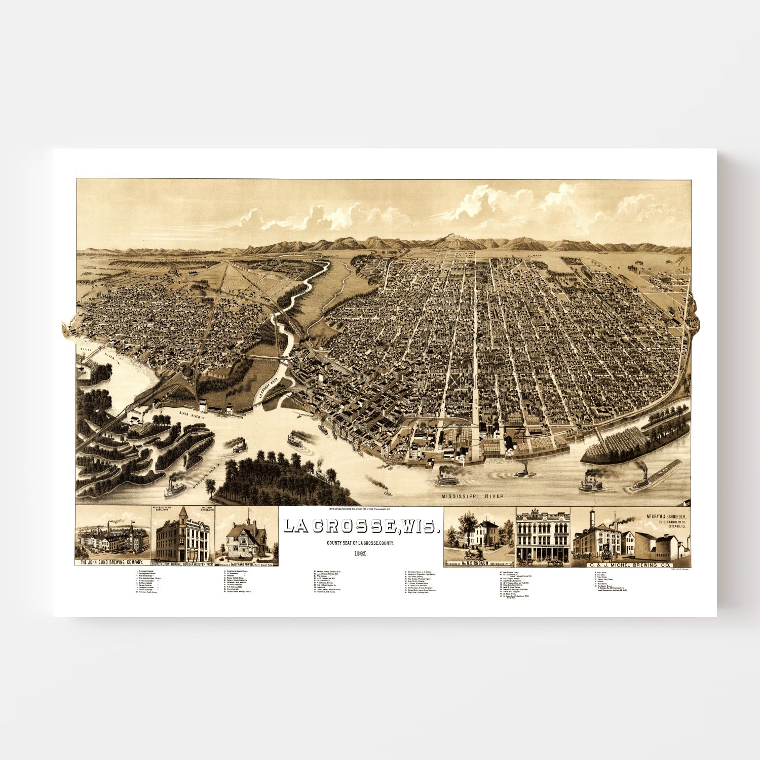 Vintage Map of La Crosse, Wisconsin 1887