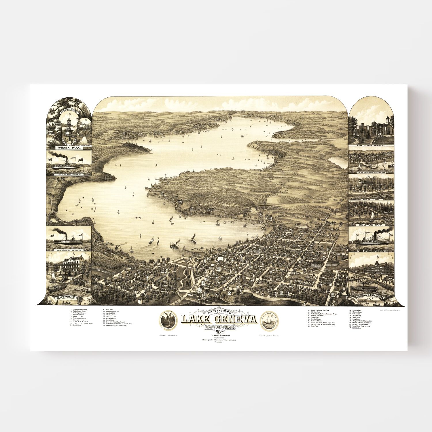 Vintage Map of Lake Geneva, Wisconsin 1882