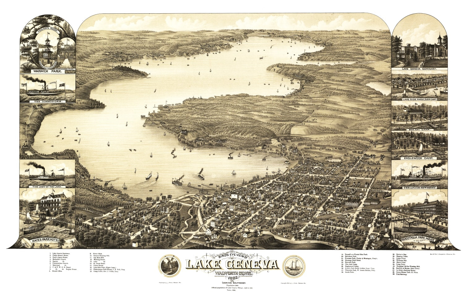 Vintage Map of Lake Geneva, Wisconsin 1882