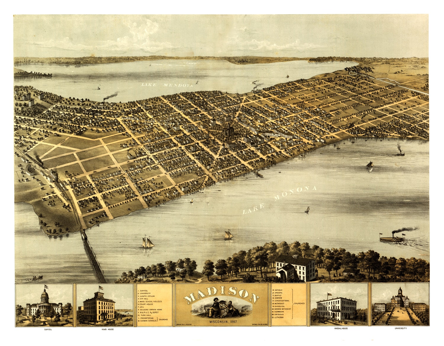 Vintage Map of Madison, Wisconsin 1867