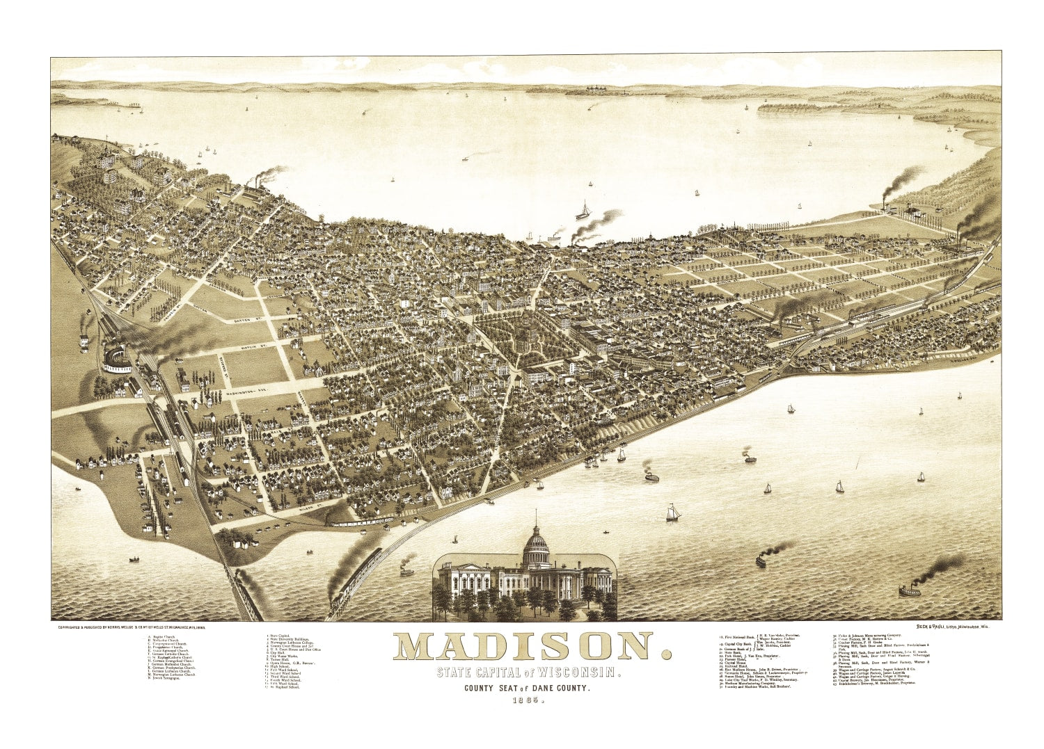 Vintage Map of Madison, Wisconsin 1885