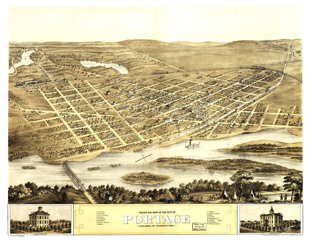 Vintage Map of Portage, Wisconsin 1868