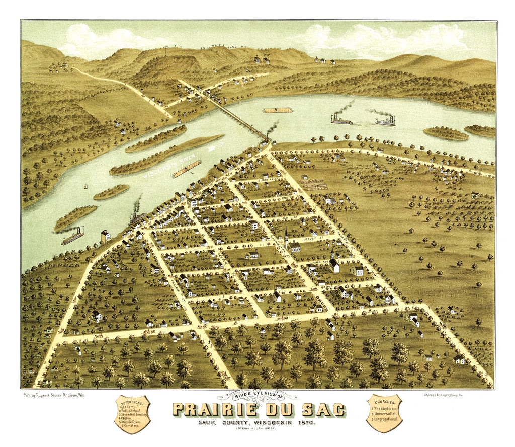Vintage Map of Prairie du Sac, Wisconsin 1870
