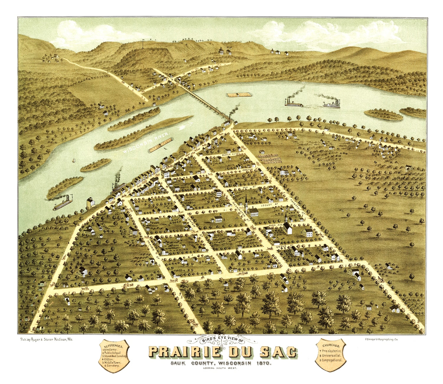 Vintage Map of Prairie du Sac, Wisconsin 1870