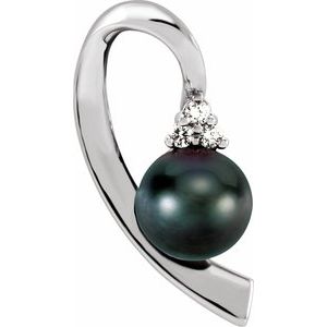 14K White Gold Cultured Black Akoya Pearl & .07 CTW Natural Diamond Pendant