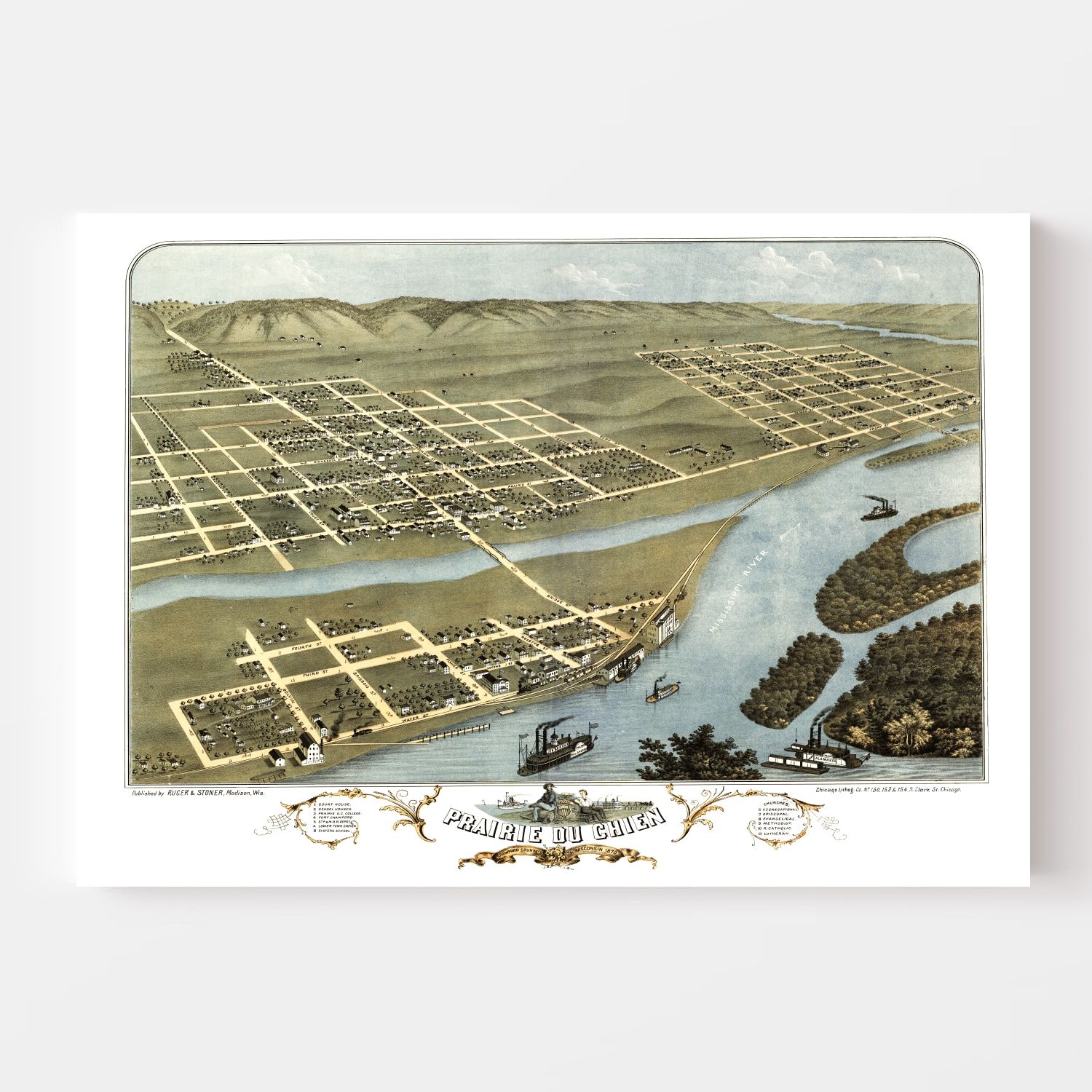 Vintage Map of Prairie du Chien, Wisconsin 1870