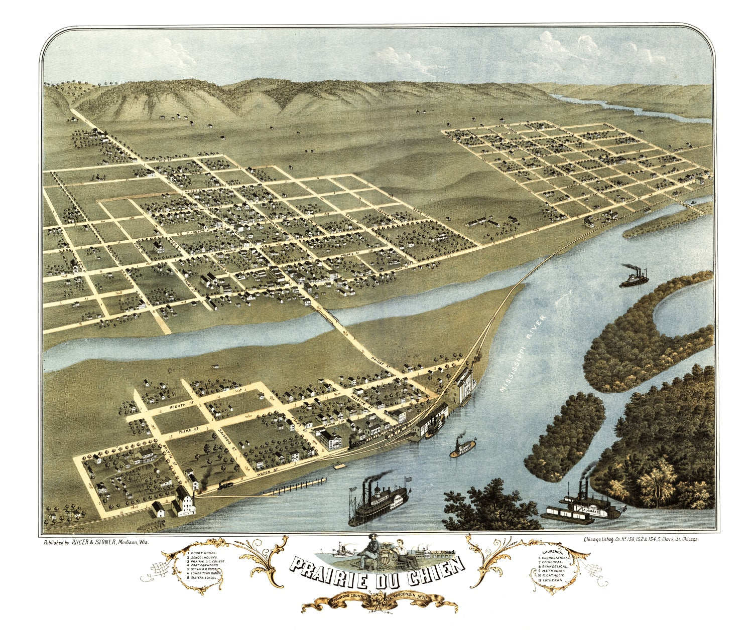 Vintage Map of Prairie du Chien, Wisconsin 1870