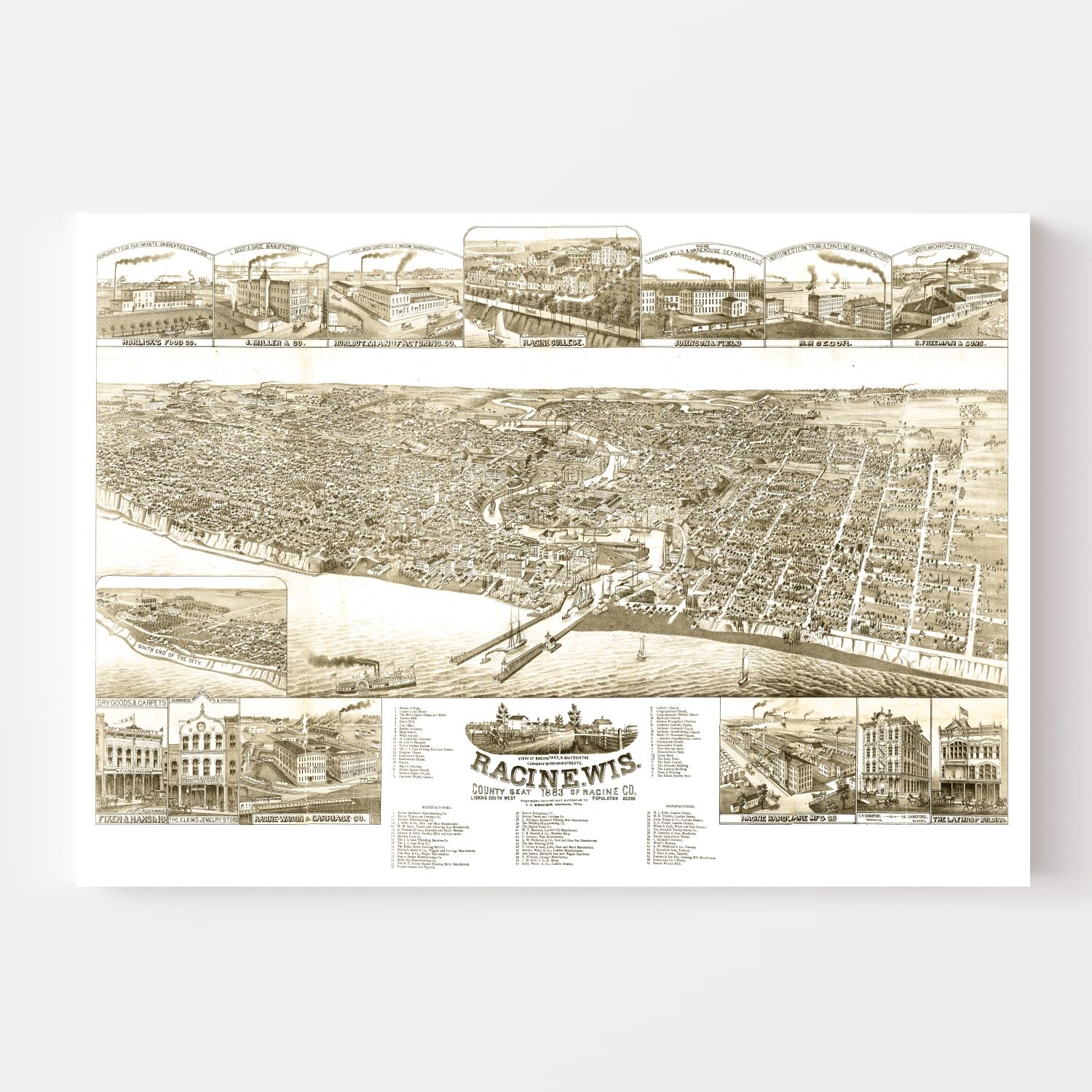 Vintage Map of Racine, Wisconsin 1883