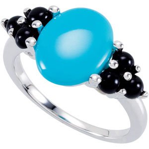 14K White Gold Natural Turquoise & Natural Black Onyx Cabochon Ring