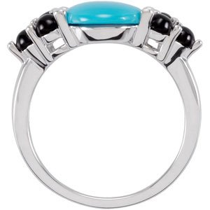 14K White Gold Natural Turquoise & Natural Black Onyx Cabochon Ring