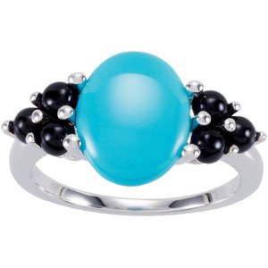 14K White Gold Natural Turquoise & Natural Black Onyx Cabochon Ring