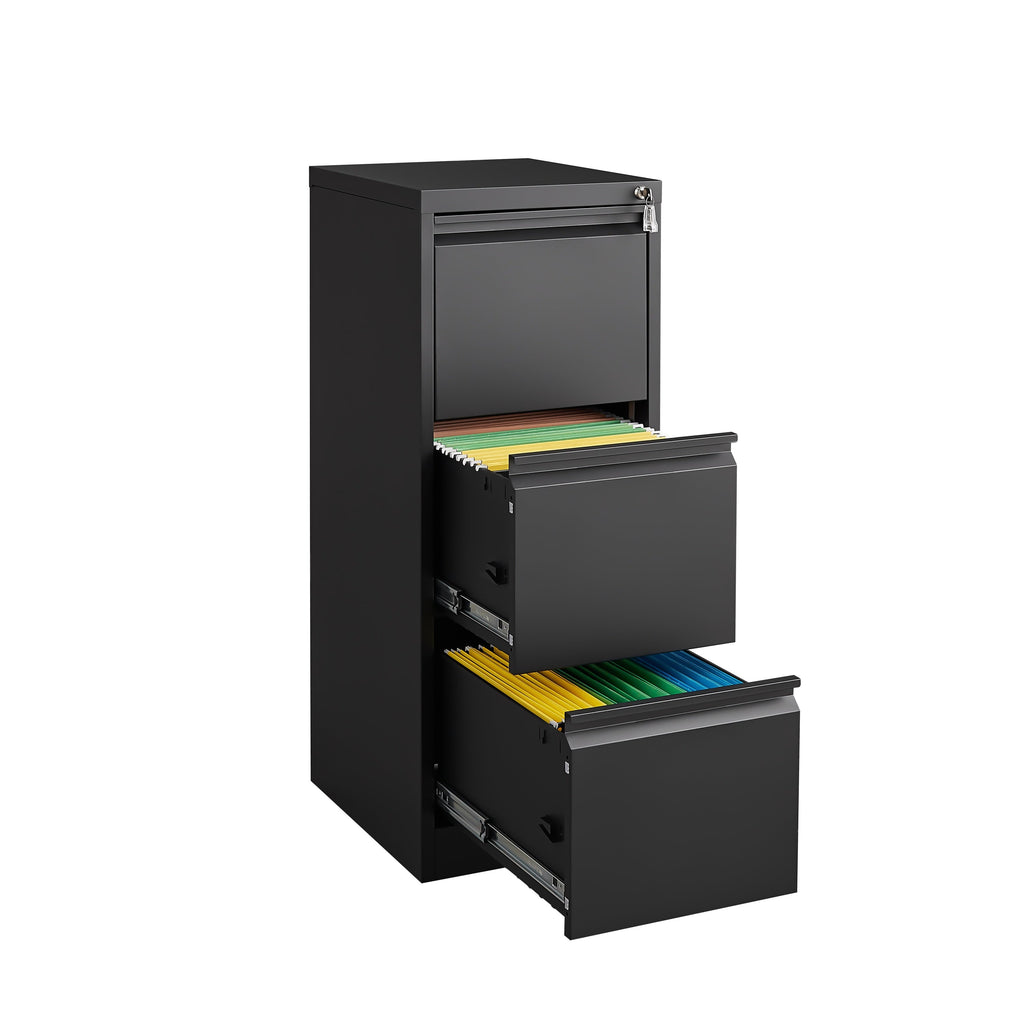 Durable Metal 3 Drawer File Cabinet with Lock for Office Storage, Black, 14.65x17.71x40.50 inches