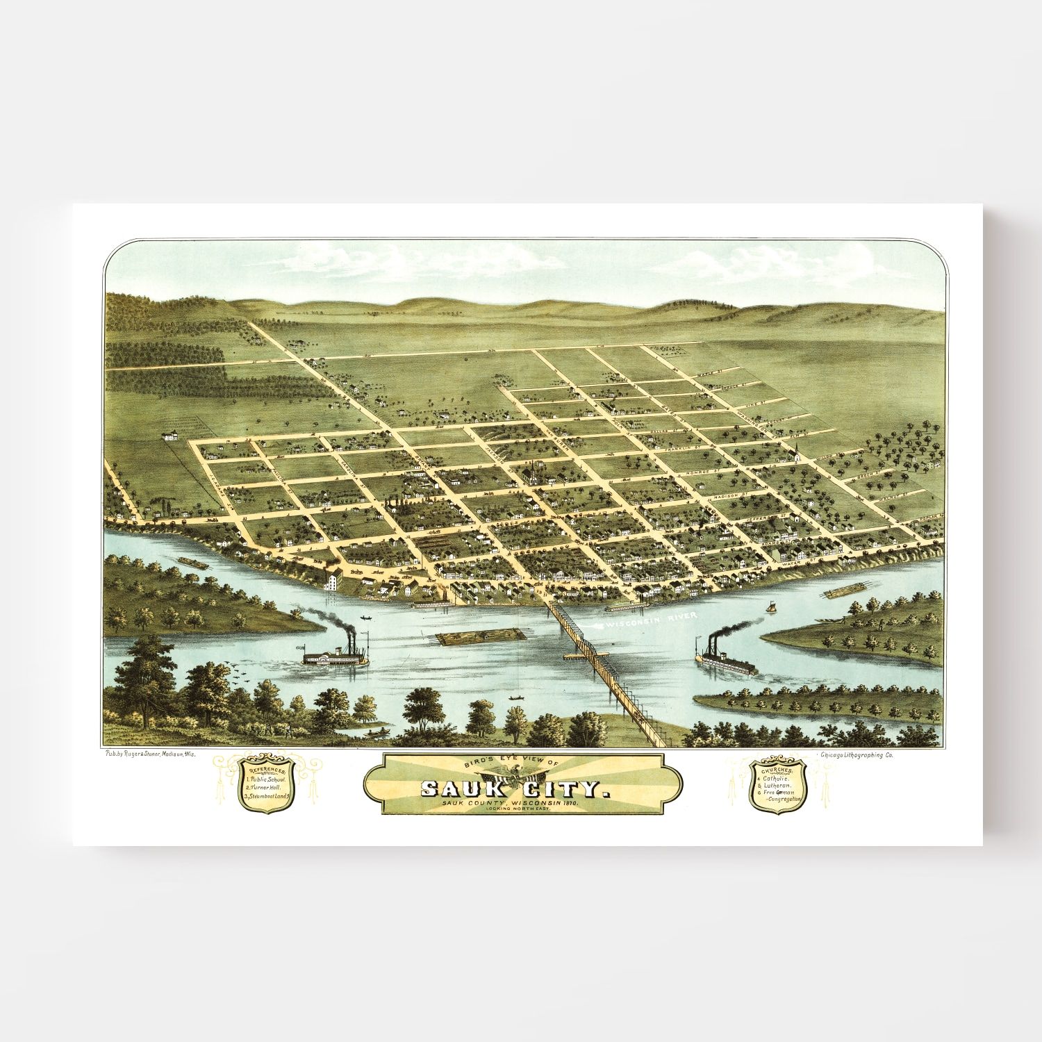 Vintage Map of Sauk City, Wisconsin 1870